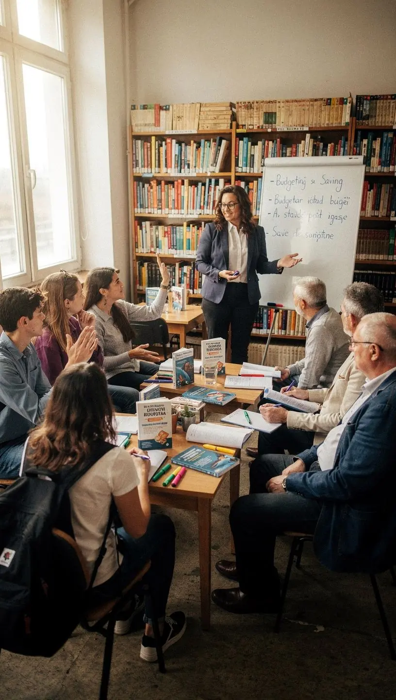 Carte despre finanțe personale deschisă pe o masă, alături de o ceașcă de cafea și ochelari.