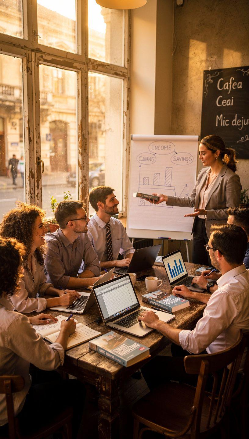 Un grup de persoane discutând în jurul unei mese în timpul unui seminar despre educația financiară.